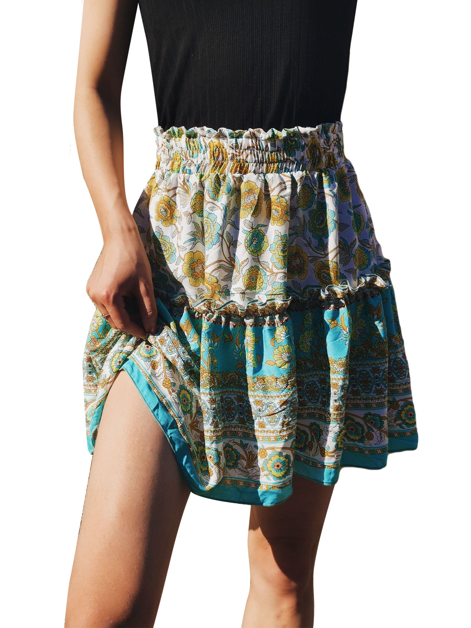 HiMONE - Women's Summer Boho Cute High Waist Ruffle Skirt Floral Print ...