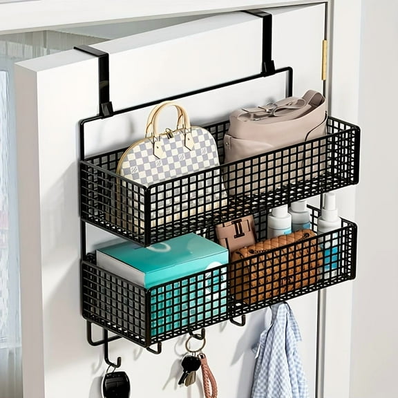 4/5 Hook Mesh Door Rack - Double-Layer Hanging Organizer with No-Drill Mount for Bathroom, Kitchen & Bedroom Storage