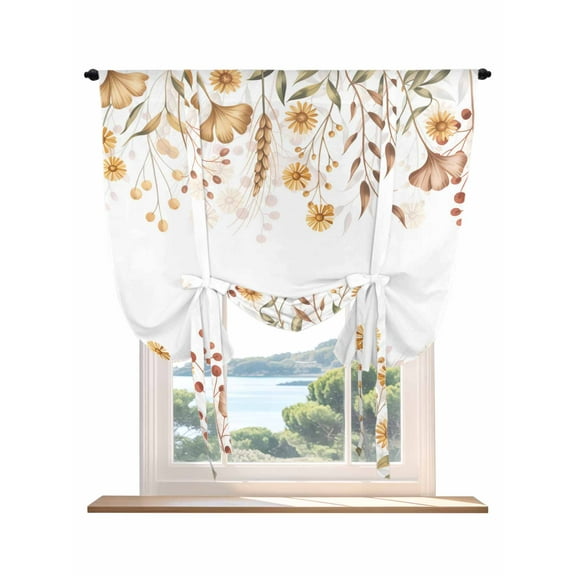Fall Flowers Tie Up Curtains for Windows 63 Inch Length Balloon Curtains Kitchen Adjustable Balloon Window Shade Country Watercolor Wildflowers Leaves Tie Up Valance Bathroom Curtain Window 42"x63"