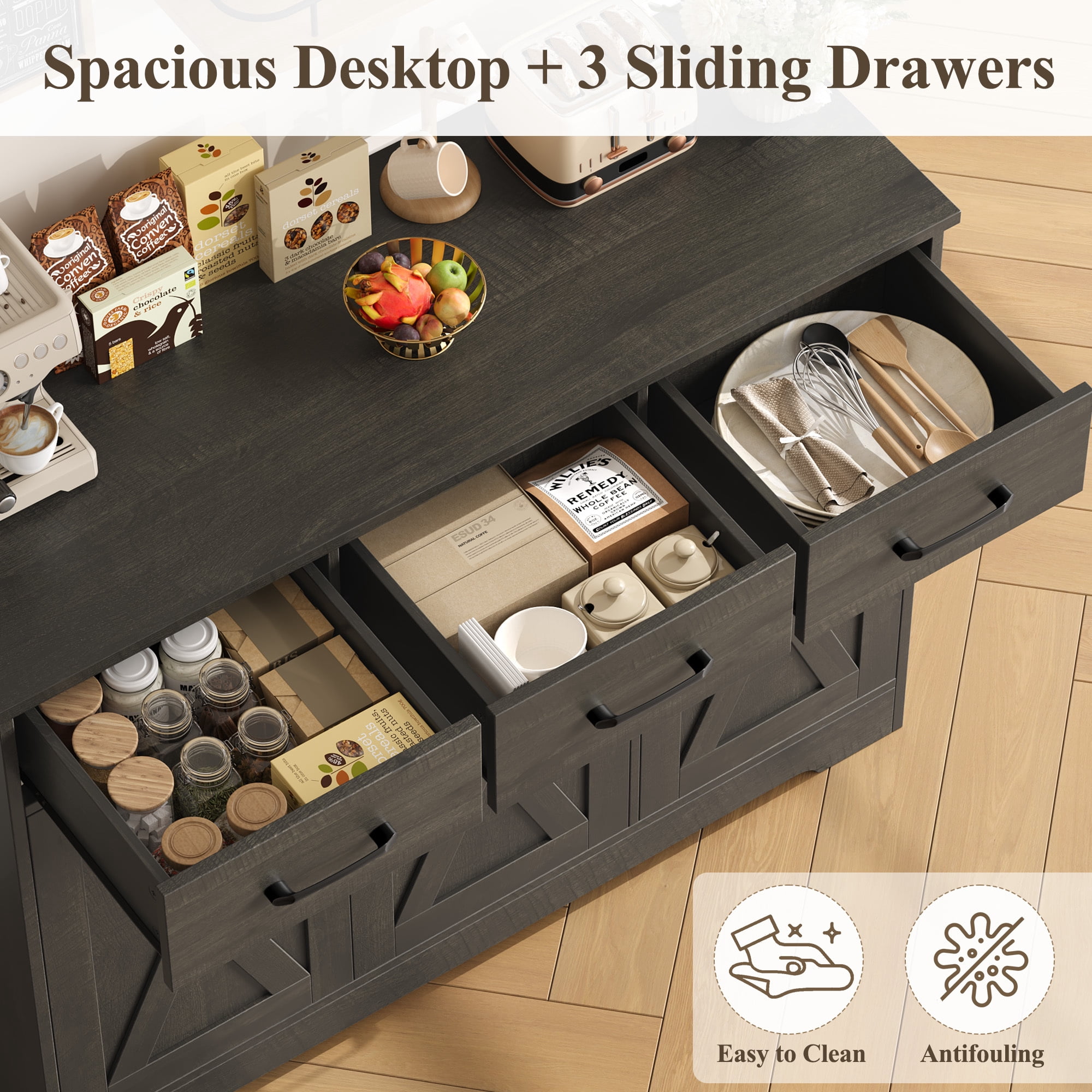 Homfa 42.5'' Kitchen Buffet Sideboard Cabinet, 3 Drawers Farmhouse Storage Cabinet with Adjustable Shelf, Dark Brown