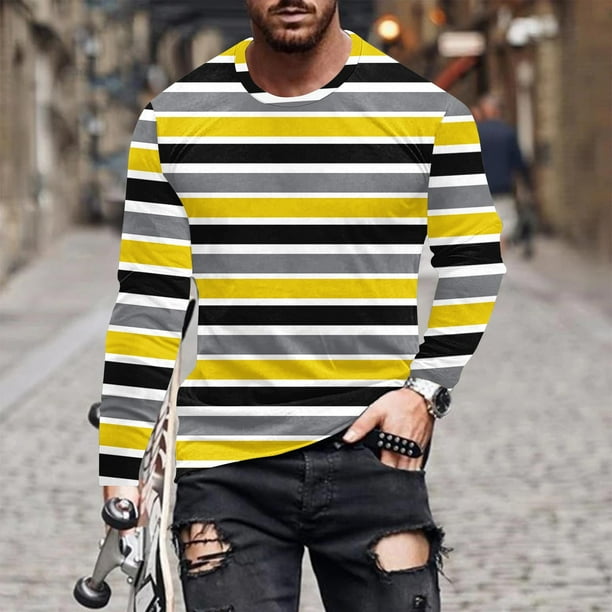 Blusas y camisas de manga larga con cuello redondo para hombre, blusa informal de manga larga con cuello redondo y estampado de rayas, blusa de poliéster para hombre