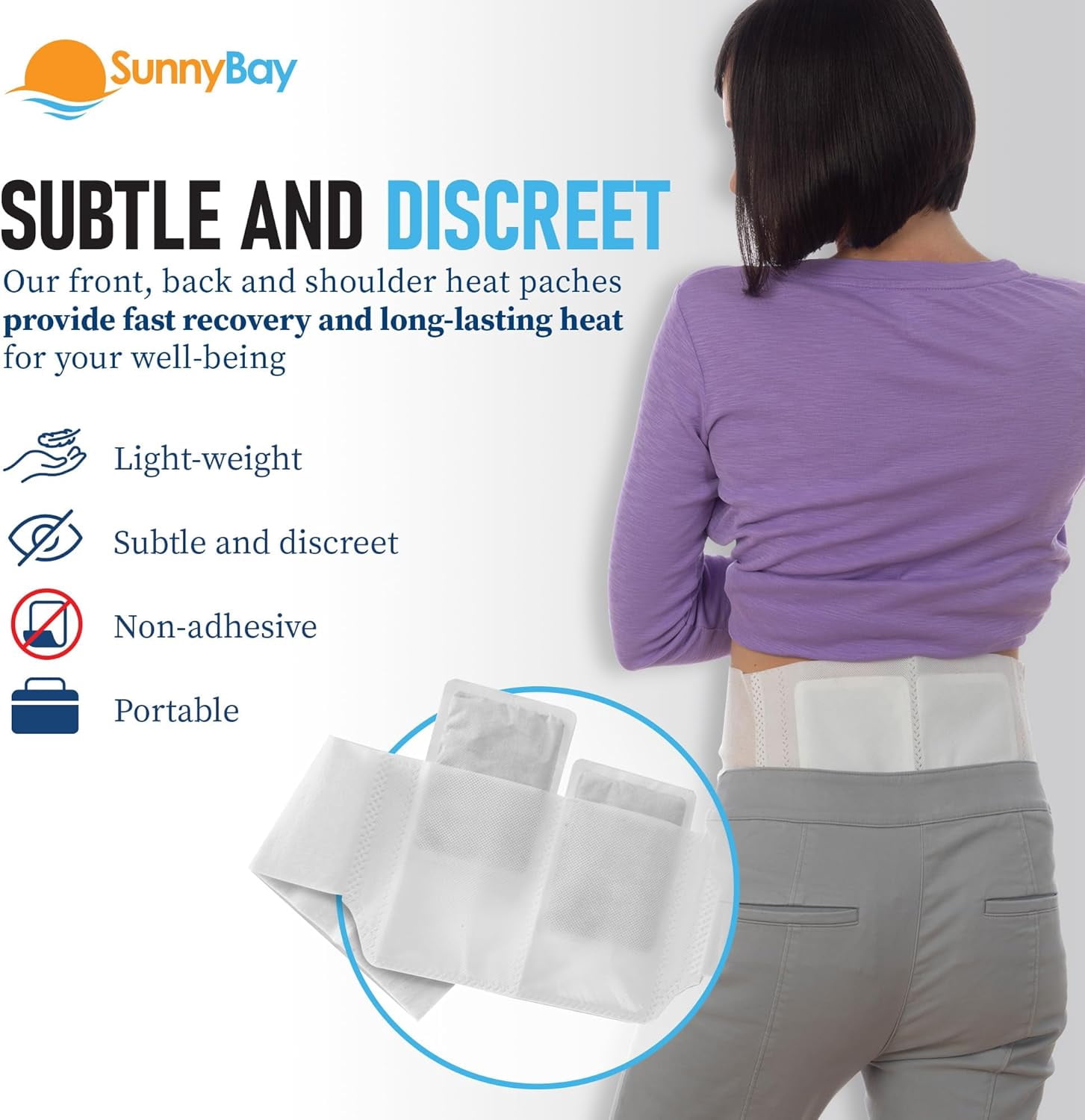 SunnyBay 24-Pack Pain Relief Patches for Lower Back Pain, 4 Wearable belts 42 inches long, Air-Activated Disposable Heat Pads for Menstrual Cramps, Neck, Shoulder, and More, Up to 113 °F Heat Therapy