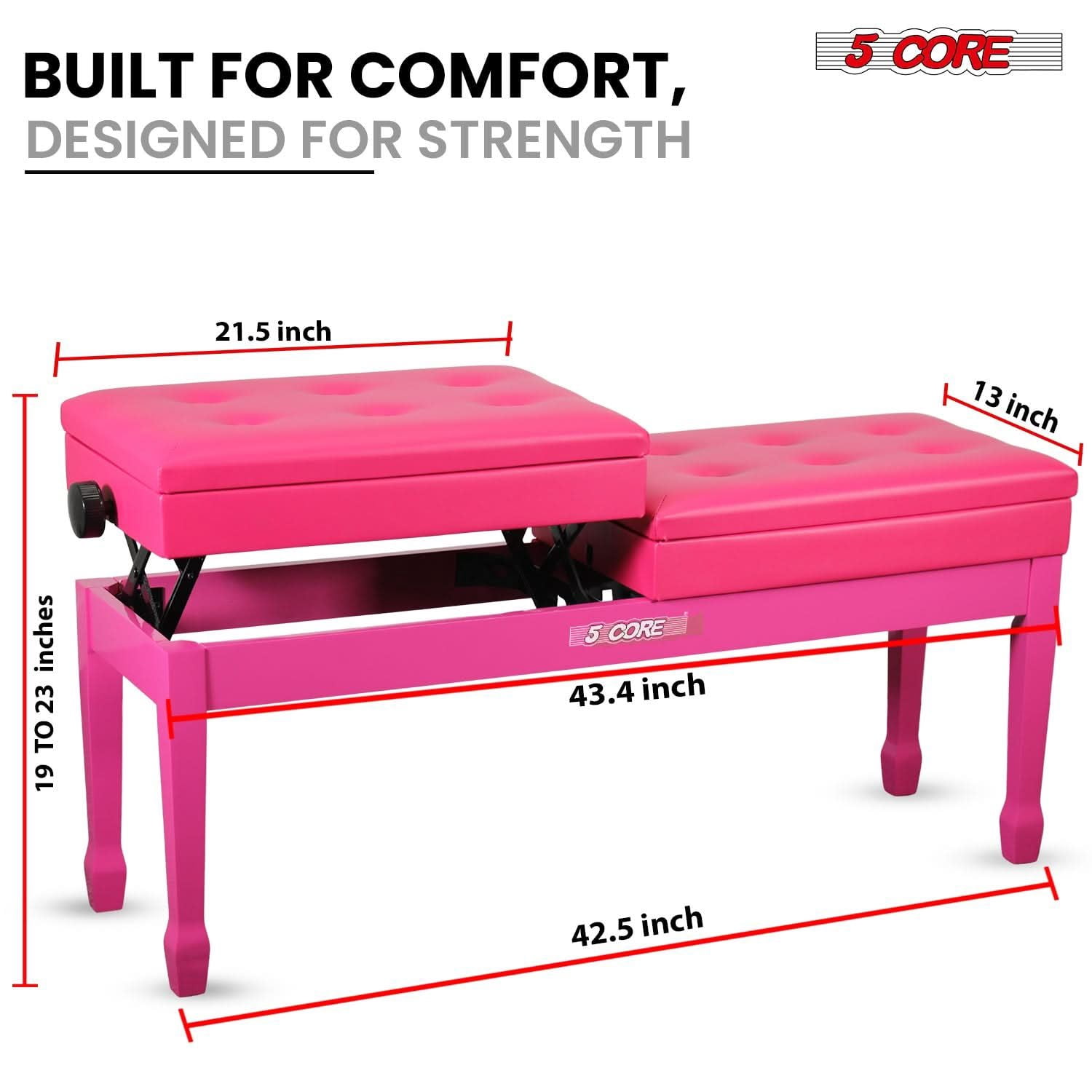 Duet Piano Bench with Storage, Height Adjustable 19-23 Inch, 3.5" Thick Padded Stool, 441lbs Heavy Duty Solid Wood Musician Chair, Spill-Resistant Leather Seat for Double Keyboard, Easy Assembly