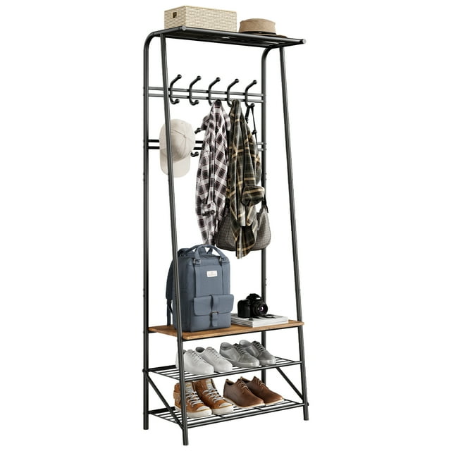 MIUUKA Coat Rack Shoe Bench,Multi-Functional 4-in-1 Hall Tree,Shoe Storage Bench,Metal Freestanding Entryway Coat Rack Organizer,Double Row Hook 25.2" Width,Brown