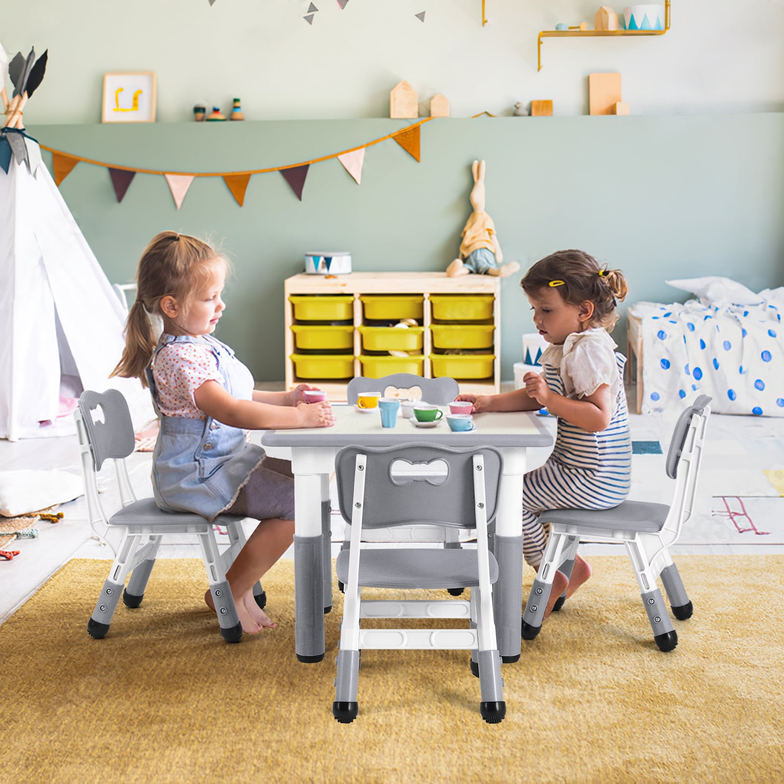Pirecart Kids Table and 4 Chairs Set Height Adjustable Toddler Art Desk for Reading Drawing Eating, Suitable for Ages 2-10, Gary