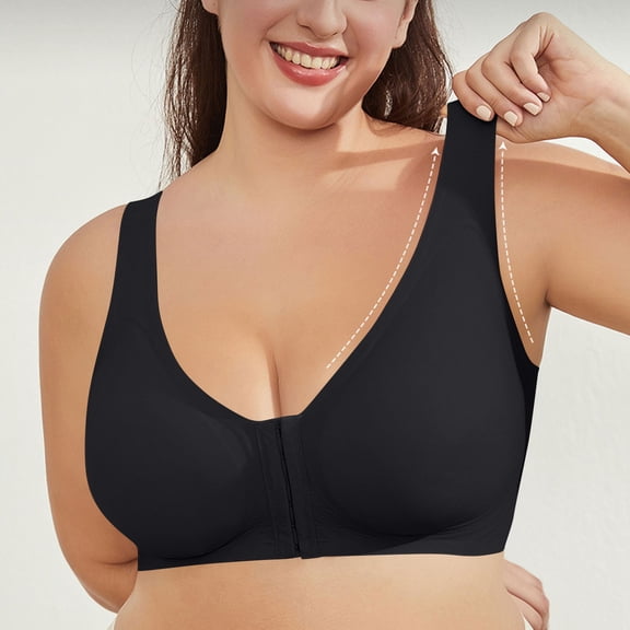 Xdegoge Front Closure Bras for Women Plus Size Full Support Wirefree Bra with Extra Wide Straps V-Neck Smoothing Back Design Comfortable Sleep Lounge Bralettes