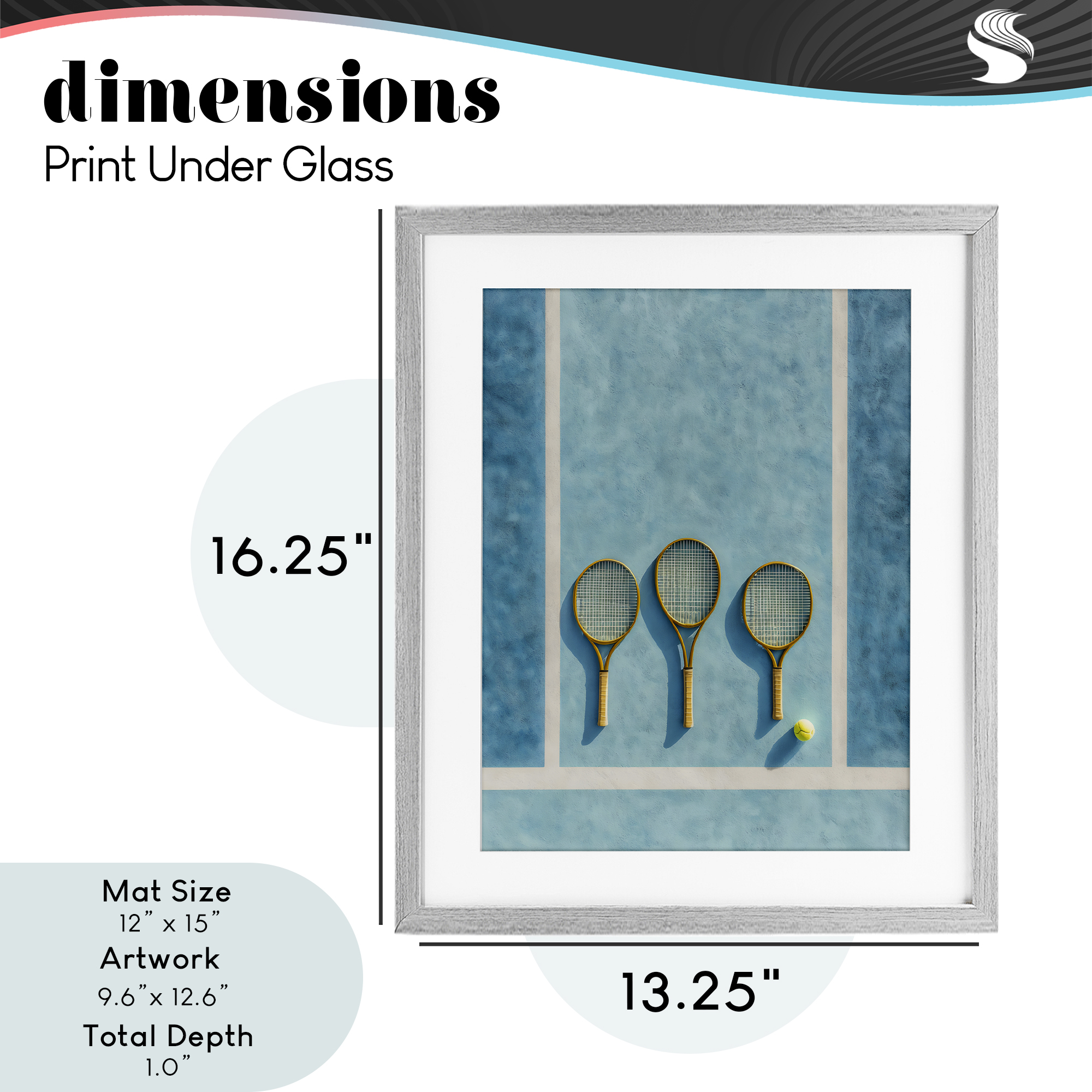 Tennis Racket Trio Gray Framed Print Under Glass, design by Franklyn Gregory