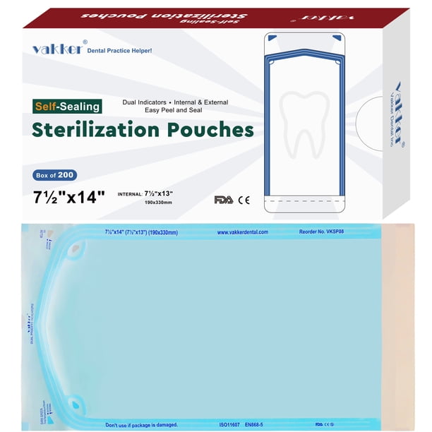 Vakker Bolsas de Esterilización Autosellables para Uso Dental de 7,5" x 14", 200 Unidades, Bolsa Esterilizadora en Autoclave VKSP08