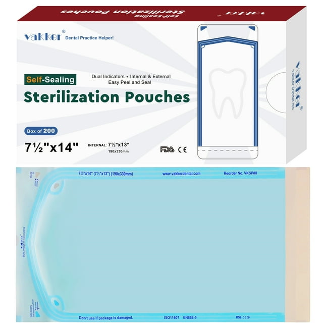 Vakker Bolsas de Esterilización Autosellables para Uso Dental de 7,5" x 14", 200 Unidades, Bolsa Esterilizadora en Autoclave VKSP08