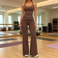 thumbnail image 2 of Telankuip Two Piece Workout Sets for Women Sleeveless V-Neck Racerback Tank Top Matching High Waist Flare Leg Yoga Pants Casual Solid Color Slim Fitted Gym Fitness Running Outfits Brown S, 2 of 4