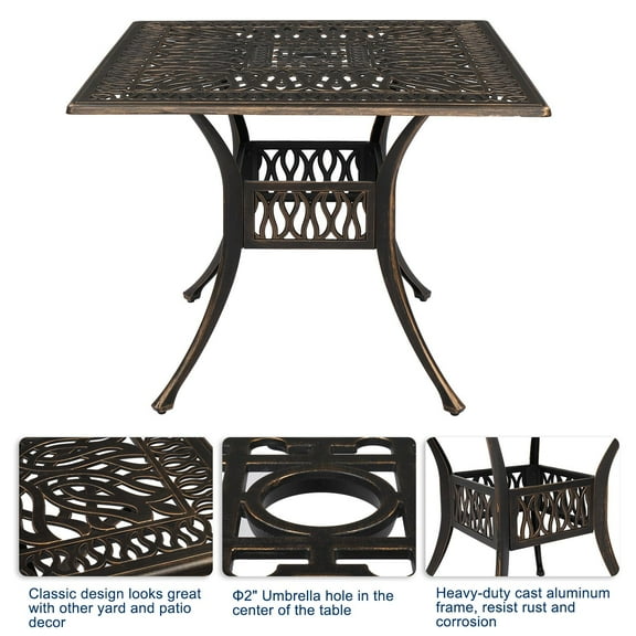 SalonMore 35.4" Outdoor Patio Bistro Square Table with 2" Umbrella Hole Cast Aluminum Dining Table for Backyard, Garden or Porch.