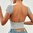 thumbnail image 2 of GigrtiJin Women Summer Short Sleeve Blouse Backless Round Neck Going out Tops Open Back Basic Solid Color Tee Shirts, 2 of 7