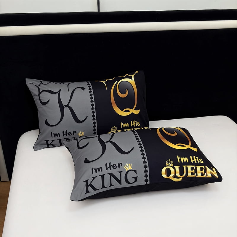 3PCS Duvet cover Set The soft (1 Duvet cover + 2 Pillowcases without Pillow covers), Features high-definition digital printing of crown and letter patterns in a stylish black and gray color scheme.