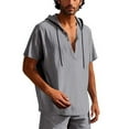 thumbnail image 1 of pstuiky camisetas de manga corta para hombre, Blusa de lino con capucha y manga corta para hombre, color liso, con botones y cordón ajustable camisetas de hombre s, 1 of 8