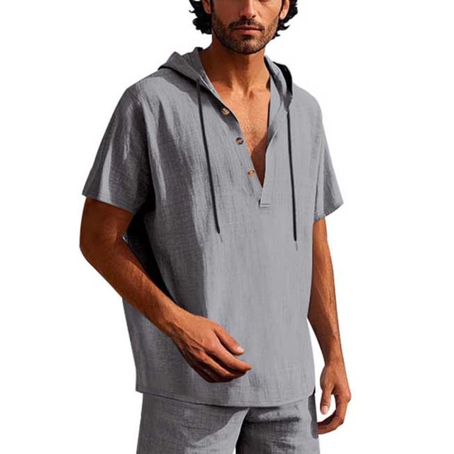 pstuiky camisetas de manga corta para hombre, Blusa de lino con capucha y manga corta para hombre, color liso, con botones y cordón ajustable camisetas de hombre s