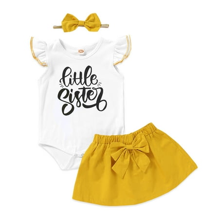 

Toddler Baby Girl Clothes Baby Girl Outfits Flying Sleeve Letter Print Romper Top Skirt Headband 3PCS Set Yellow 12-18 Months