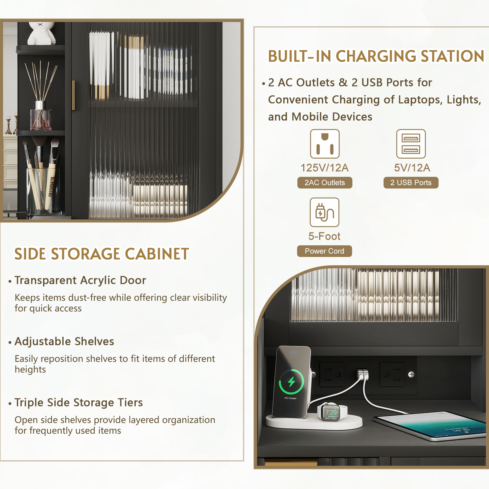Danpinera Home 49" Glass Top Vanity Desk with LED Mirror and Charging Station, Black