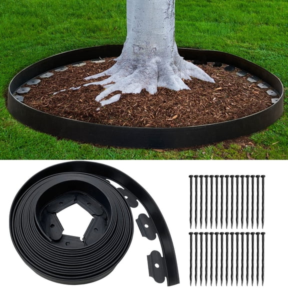 OFEFE 33FT Black Plastic Landscape Edging, 4IN High Flexible No-Dig Garden Edging Border with 50pcs Heavy-Duty Stakes for Lawn, Flower Beds, Tree Rings, Yard Pathways - Easy DIY Installation