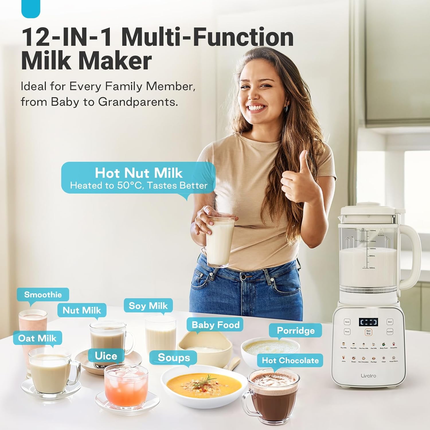 53oz Nut Milk Maker, 12‑in‑1 Heated Blender, Detachable Pitcher, 24H Delay, Keep Warm, Auto‑Clean
