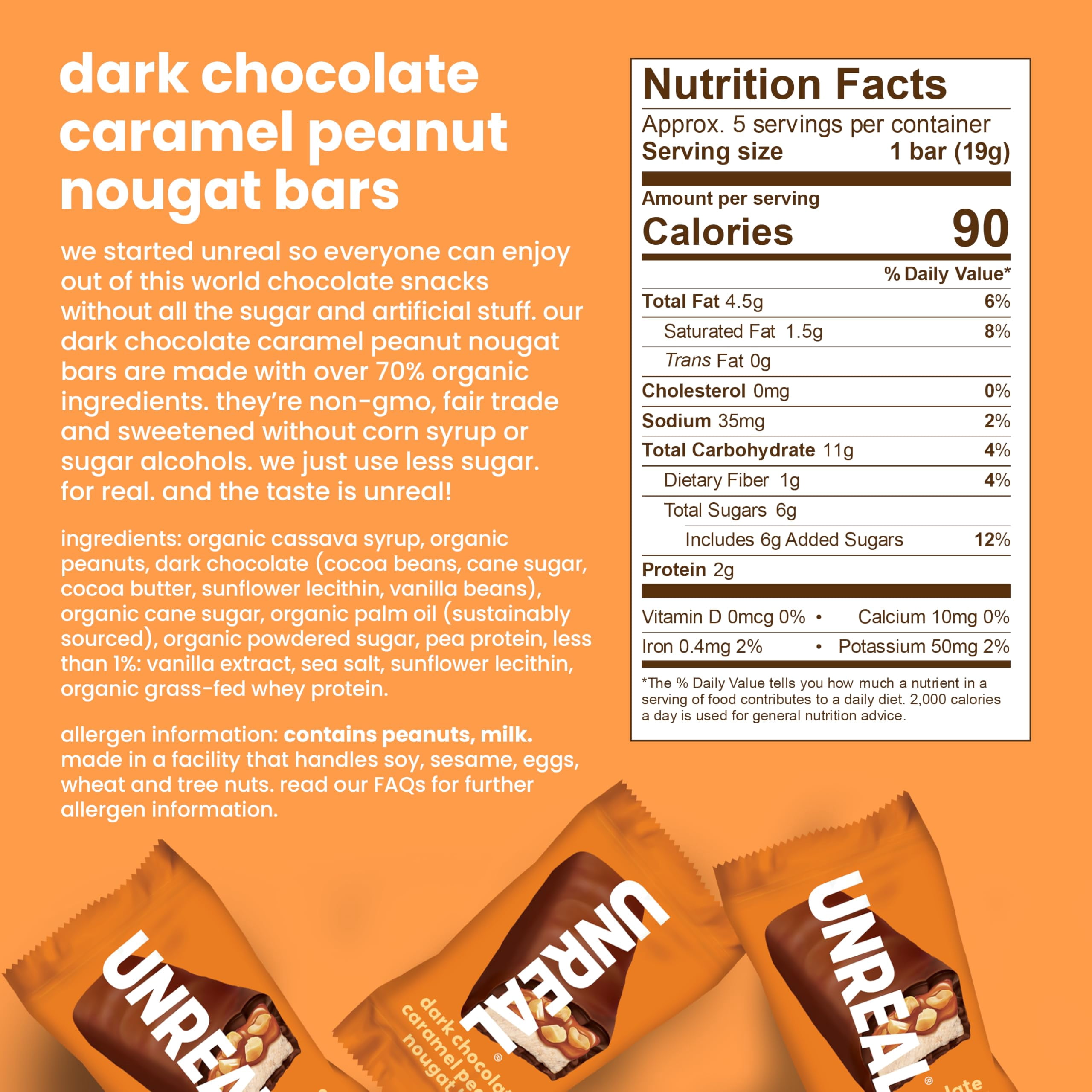 (Pack of 6) Unreal Chocolate Bar Dark Caramel Peanut Nugget 3.4 Oz