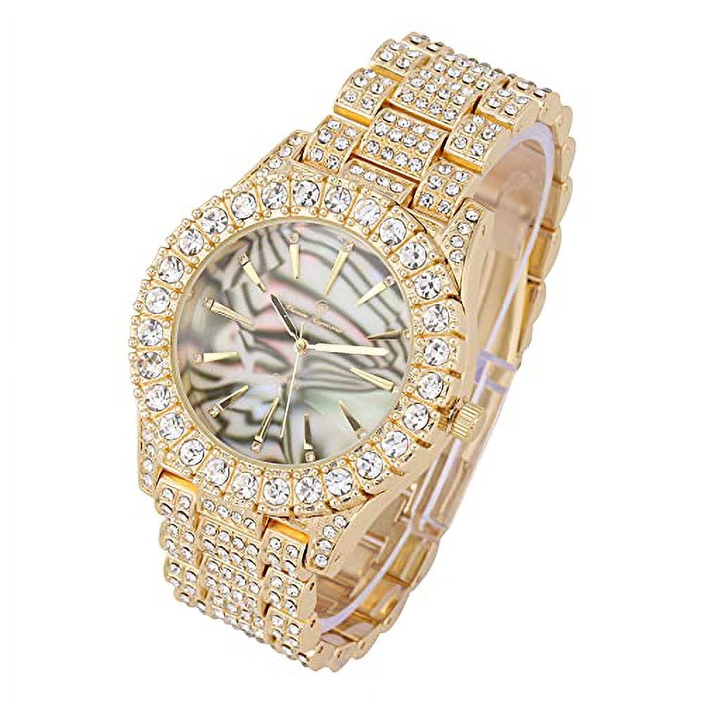 Charles Raymond Mens Blinged Out Gold Big Rocks Timepiece w/Minimilist Index Time Indicators Overlayed on Beautiful Colorful Mother of Pearl Hip Hop Iced Out Dials - ST10327MO (Safari Abalone MOP)