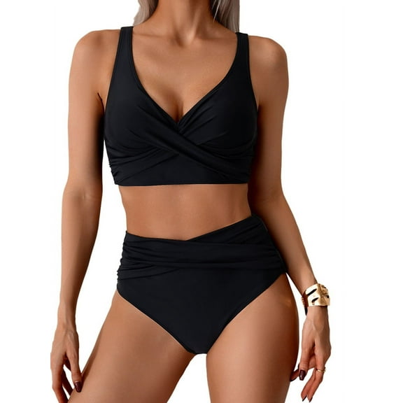 Women'S Bikini Sets Two Piece Swimsuit High Waisted V Neck Twist Front Adjustable Spaghetti Straps Bathing Suit Black L