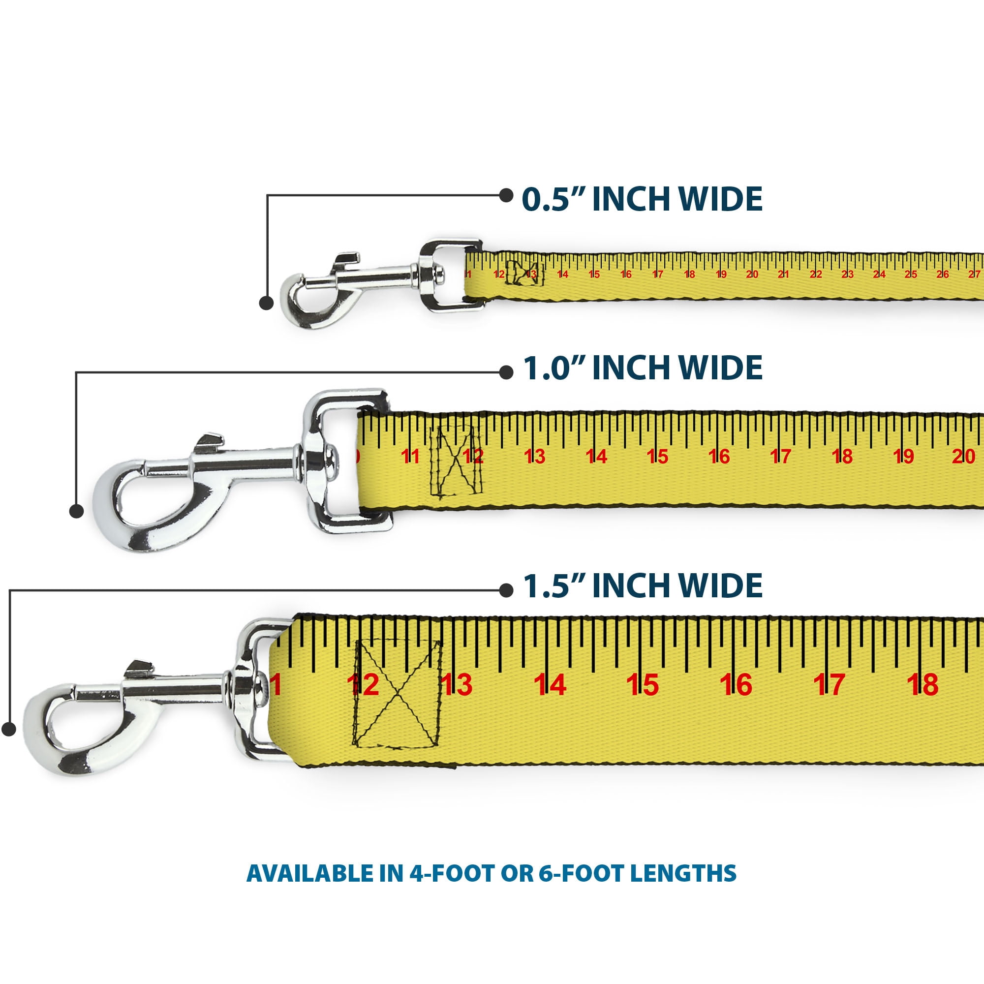 Buckle-Down Pet Leash, Dog Leash, Measuring Tape Yellow Black Red, 6 Feet Long 1.0 Inch Wide