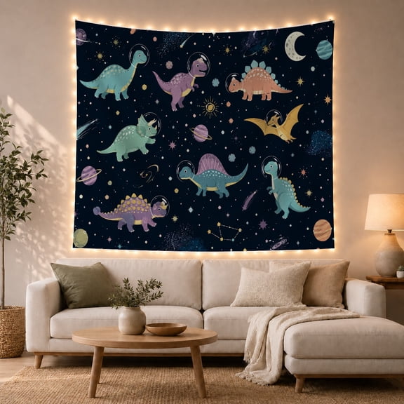 Moon Stars Outer with Space Eight Dinosaurs Floating, Serene Watercolor for Plant Lovers, Botanical Wall Art, Graduation Gift, Tapestry Wall Hanging for Bedroom and Dorm