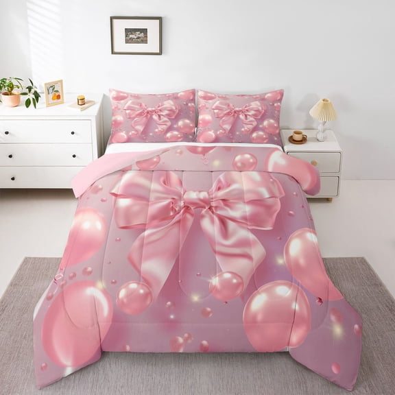 Feelyou Princess Bowknot Balloon Twin Comforter Sets, Pink Fashion Party Bedding Set, 2pcs