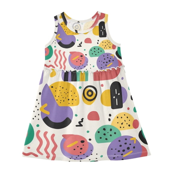 Girls Dress Retro 70s Abstract Pattern Sleeveless Dress for Girls Hem A-Line Casual Sundress