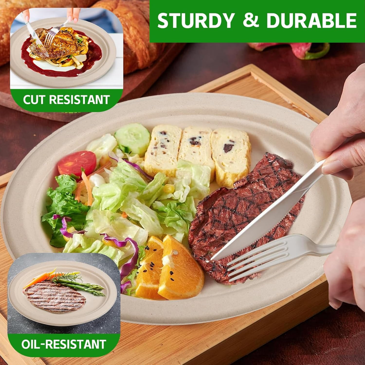 120 Pack Oval Paper Plates,12.5 Inch Disposable Paper Plates,Super Strong Oval Paper Dinner Plates,Compostable Biodegradable Sugarcane Plates for BBQ,Party,Picnic(Brown)