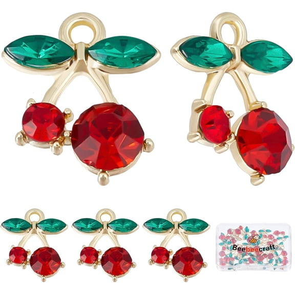 30Pcs/Box Cherry Charms Red Rhinestone Cherry Dangle Charms Gold Plated Fruit Pendants for DIY Jewelry Making Bracelets Necklace