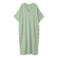 thumbnail image 6 of Levmjia Women's V Neck Dress Short Sleeve Solid Color Casual A Line Dress with Side Buttons Cotton Linen Blend Pockets Beach Vacation Daily Wear, 6 of 6