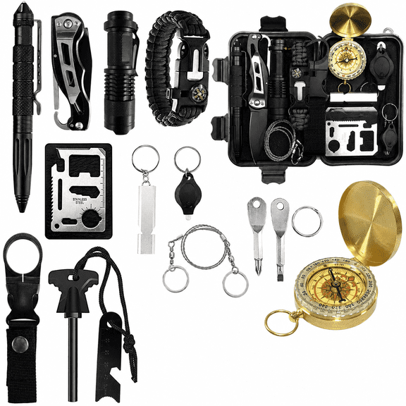 14-in-1 Survival Kit with Waterproof Storage Case and Outdoor Emergency Gear, Great Gift for Men Camping, Hiking and Outdoor Adventures