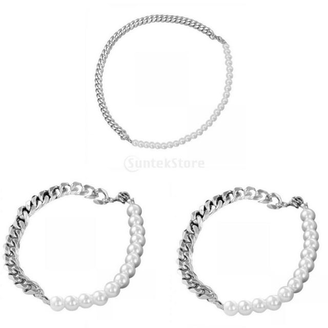 Collar para hombre,Collar de perlas para hombre Pulsera de perlas para hombre,Collar Media Cadena Media Perla Cómodo,Collares de eslabones cubanos de plata de acero inoxidable,Regalo de
