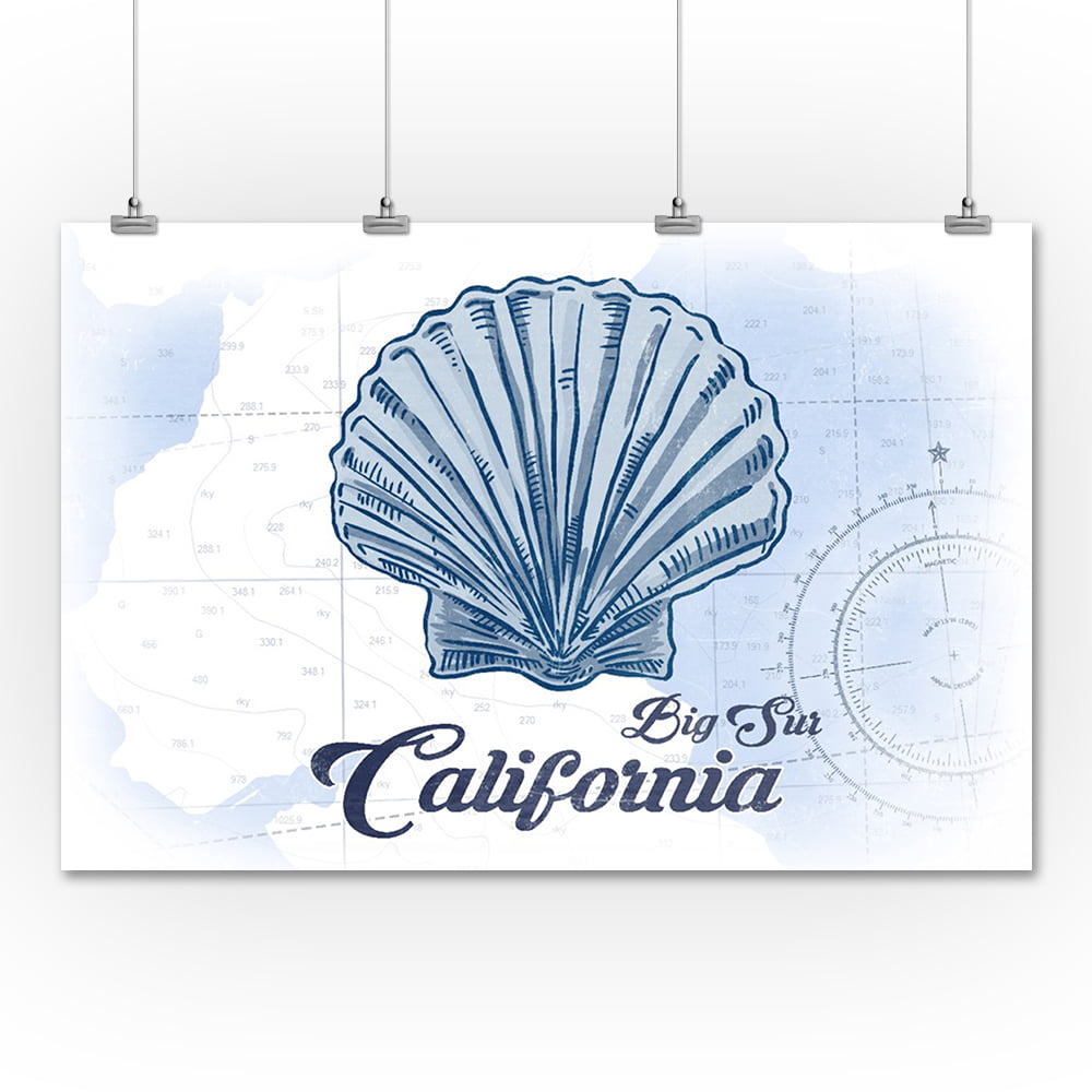 Big Sur California Blue 36x54 Giclee Gallery Print, Wall Decor Travel Poster Scallop Shell Coastal Icon 