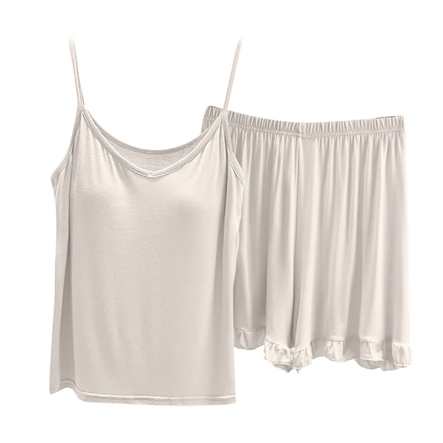 Conjunto de pijama de verano para mujer de 2 piezas: cuello cuadrado, manga corta, poliéster suave, ropa para dormir y estar por casa.