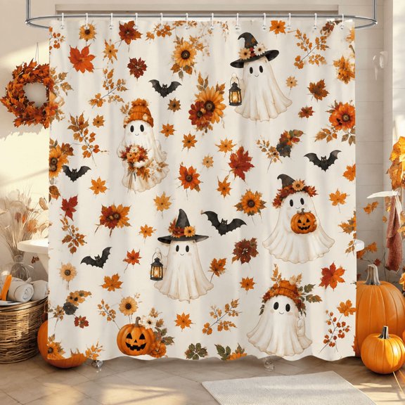CasaVelle Halloween Shower Curtain, Cute Ghosts Pumpkin and Fall Leaves Design, Polyester, 36 x 72 in