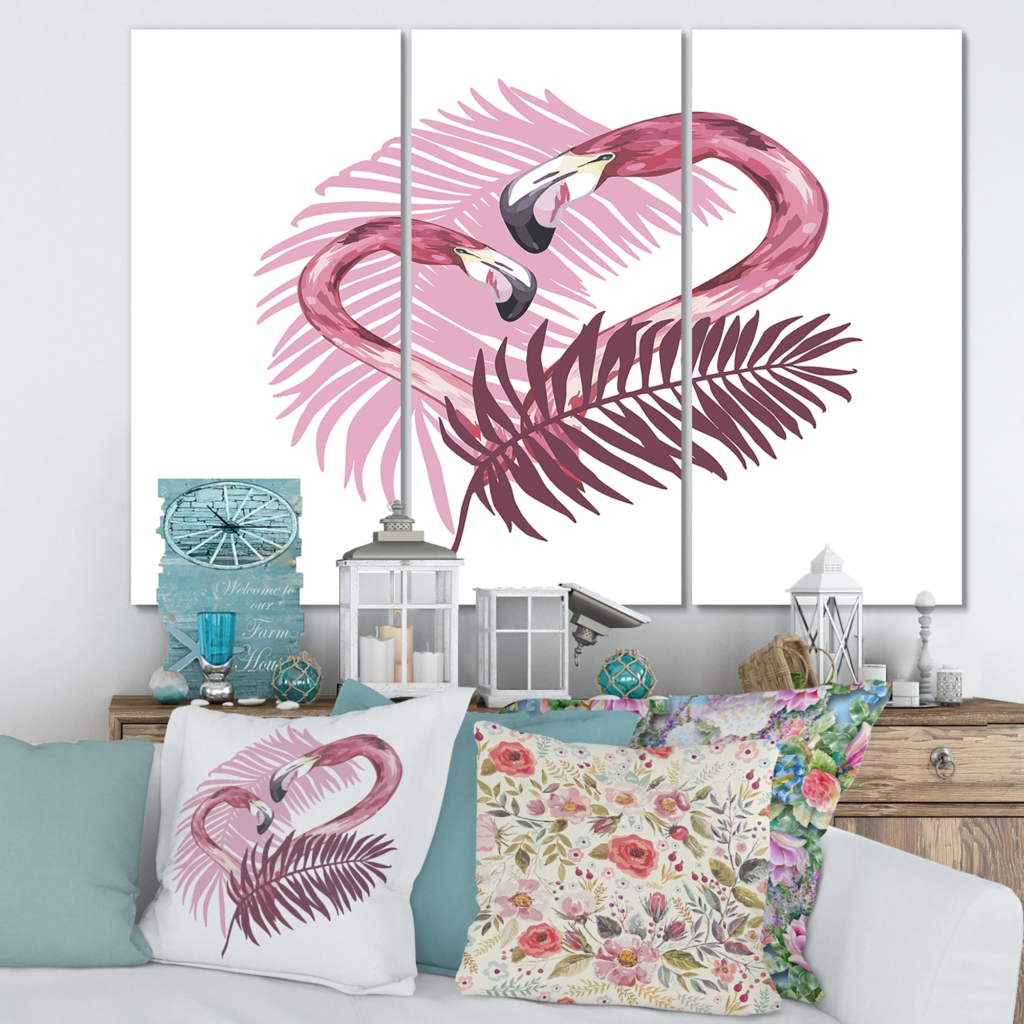 Designart ' Pink Flamingo In Tropical Summer I ' Traditional Canvas Wall Art Print