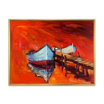 Designart 'Boats Near Coastal Town Resting On The Water IV' Nautical & Coastal Framed Canvas Wall Art Print