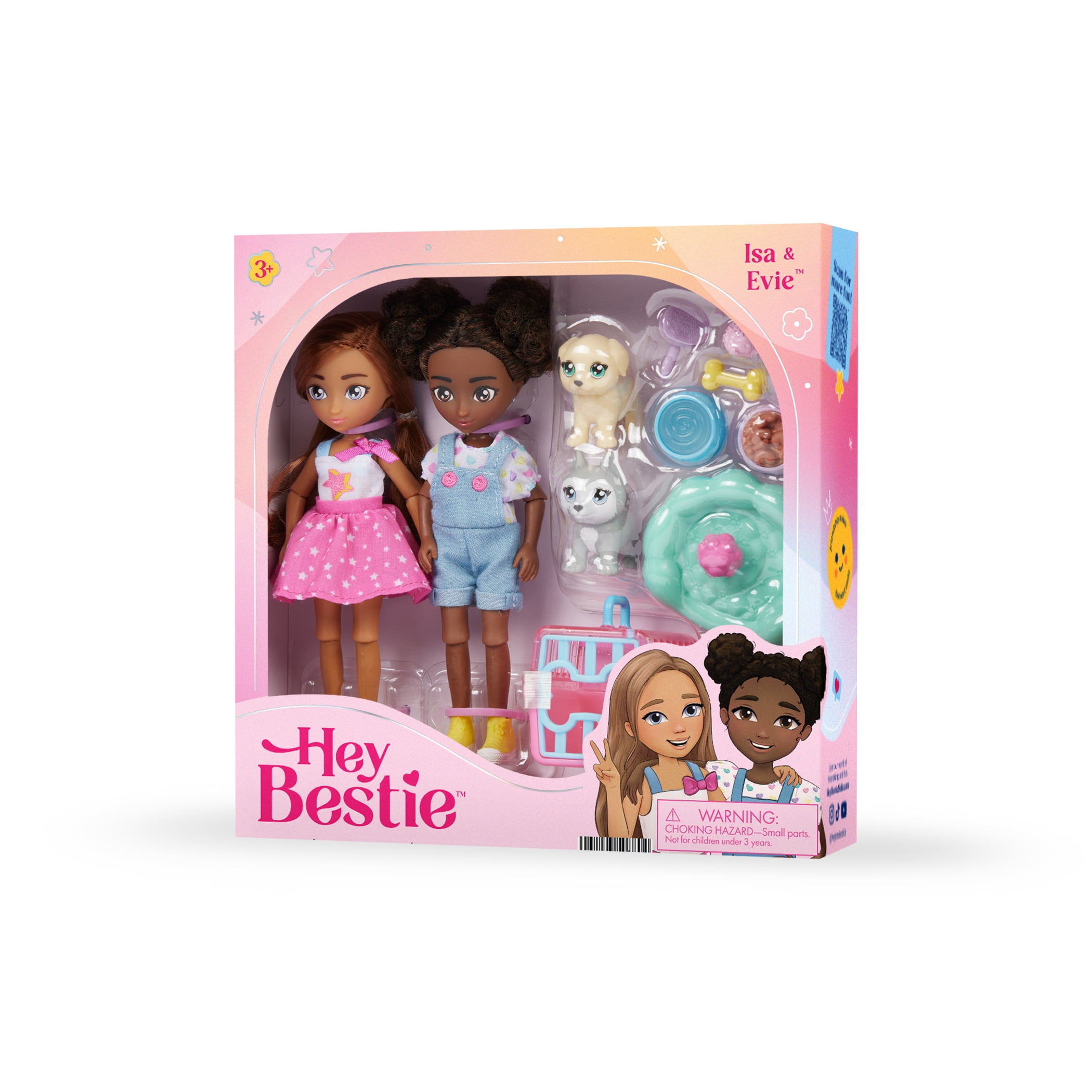 Hey Bestie Isa & Evie 18 Piece Set of 2 (5.5-inch) Mini Dolls with Toy Dogs & Pet Accessories, Kids Ages 3 & Up
