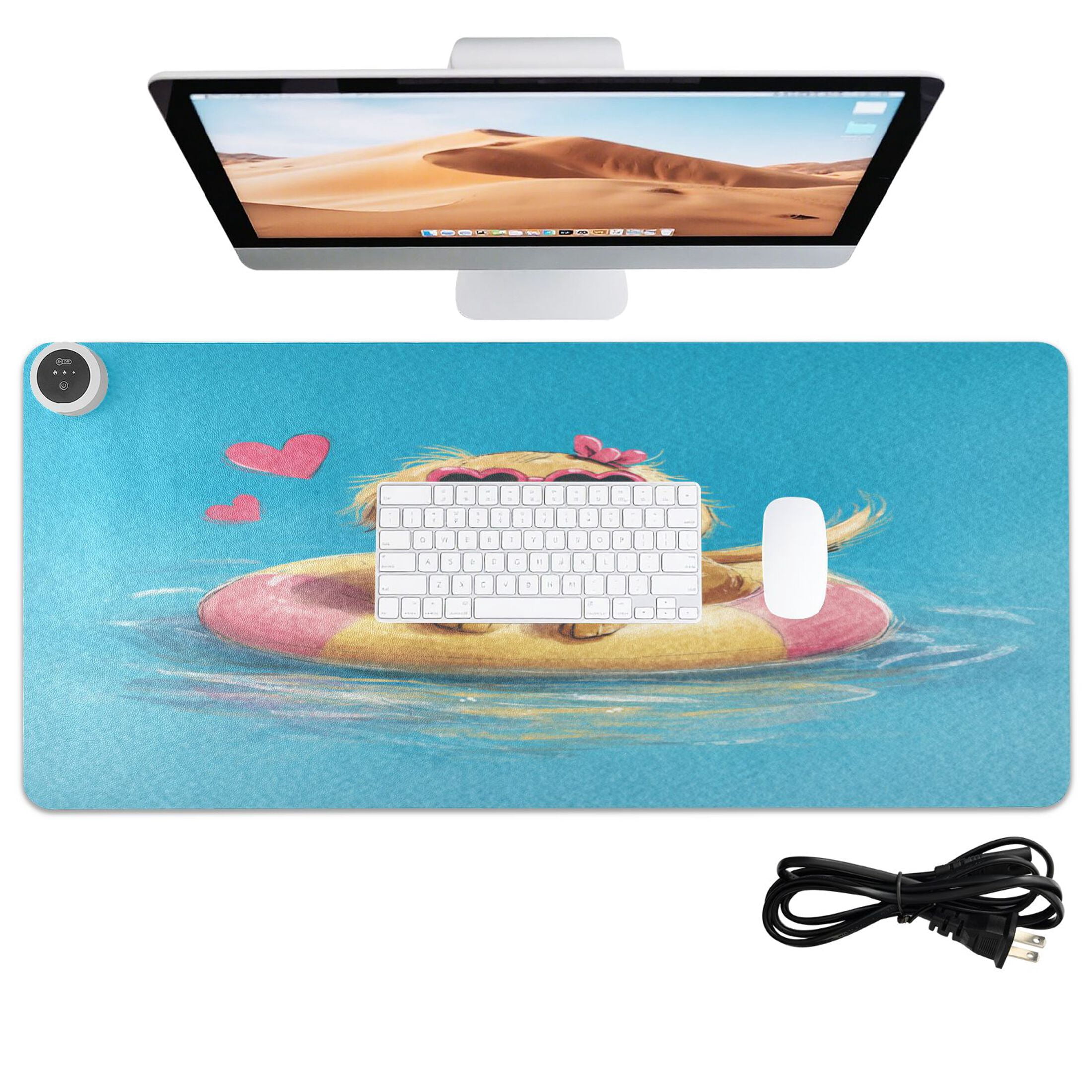 Large Heated Desk Mat Mouse Pad 31.5"x13"PU Leather Graphene Heating Desk Warmer with 3 Temperature Settings 110V US Plug Non-Slip Warm Pad for Home, Office, and Gaming Cheerful Watercolor Pool Pup