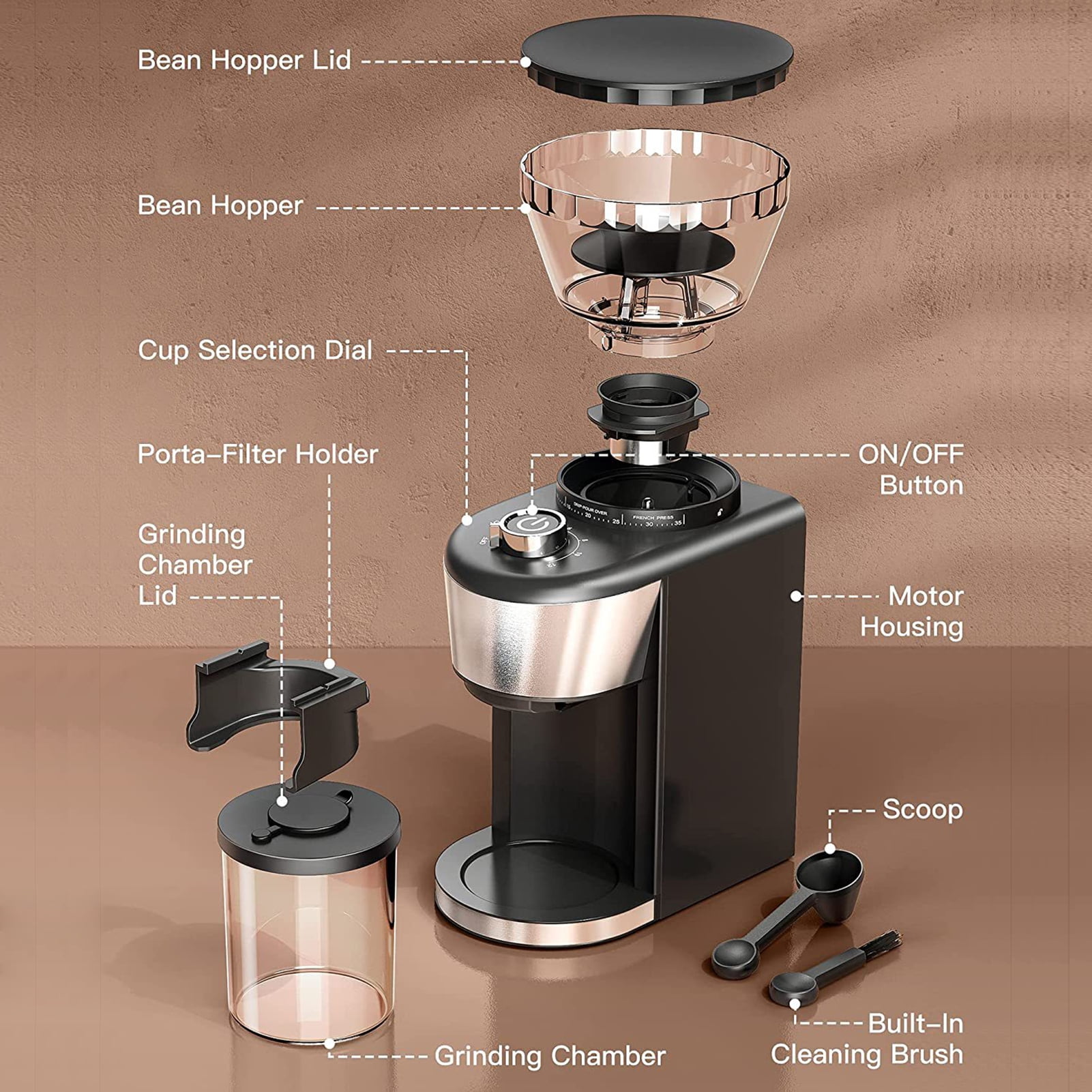 Cacagoo Burr Coffee Grinder, Electric Coffee Bean Grinder with 35 Precise Grind Settings, 2-12 Cup, for Espresso/Drip/Pour over/Cold Brew/French Press