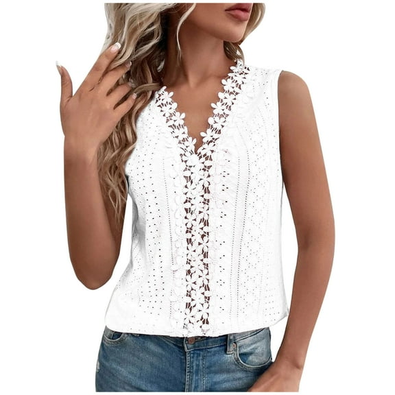 Besolor Women's Sleeveless Lace Trim V Neck Tank Tops Summer Loose Tee Shirts Hollow out Plain Beach Tanks Blouse