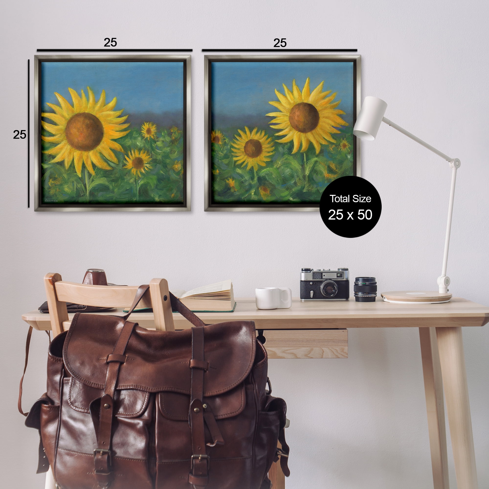 Stupell Industries Gorgeous Sunflower Field Plants & Flowers Painting Gray Floater Framed Canvas Art Print Wall Art, 25 x 25, Set of 2