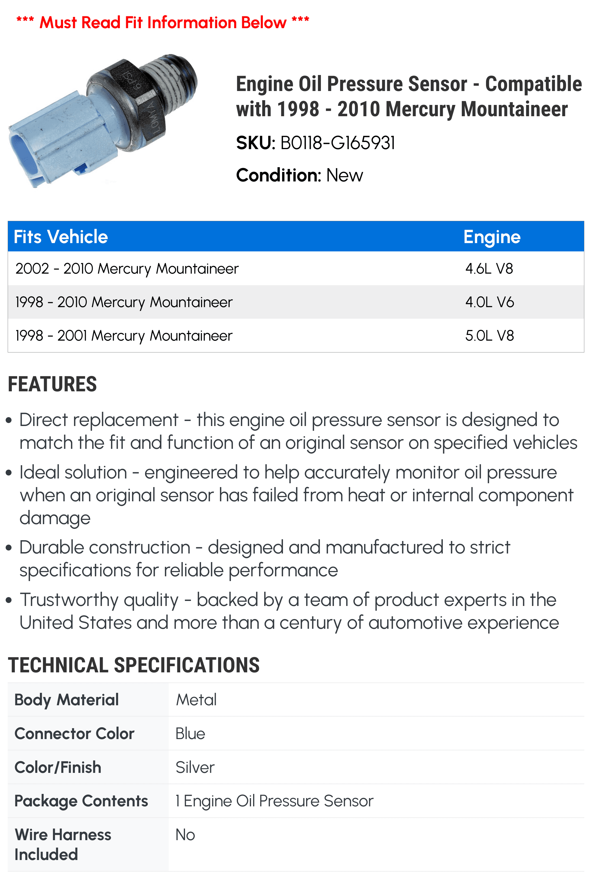 Engine Oil Pressure Sensor - Compatible with 1998 - 2010 Mercury Mountaineer - Dorman