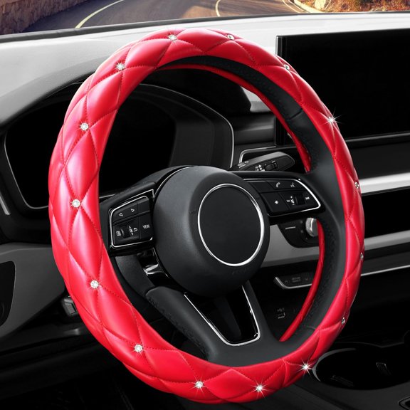 Diamond Soft Leather Anti-Slip Steering Wheel Cover with Bling Bling Crystal Rhinestones, Universal 15 Inch for Women, Fit Vehicles, Sedans, SUVs, Vans, Trucks
