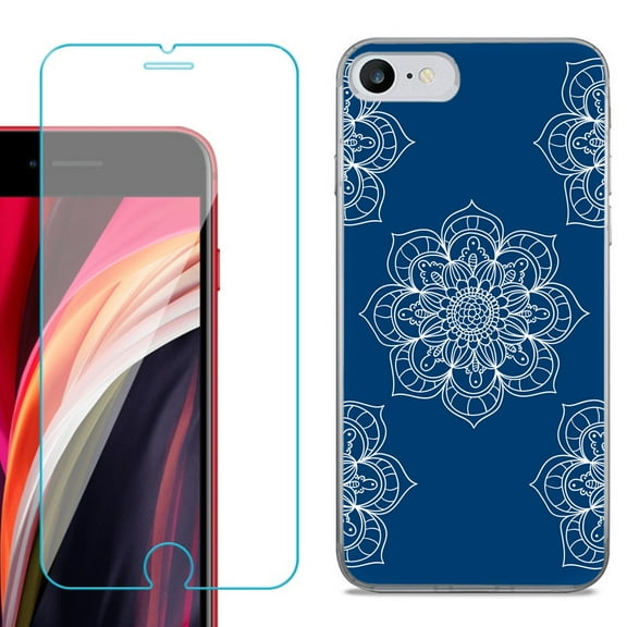 Slim-Fit Fashion Gel Phone Case for iPhone SE 2022, with Tempered Glass Screen Protector, by OneToughShield ® - Mandala / Blue