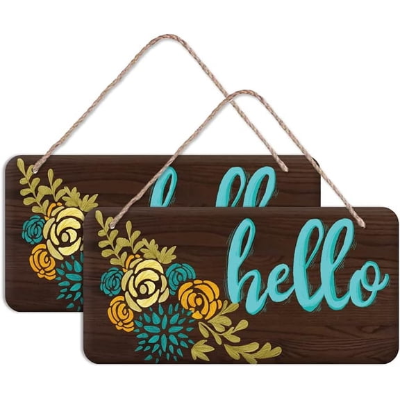 2Pcs Wood Door Hanging Hello Sign Plaque Welcome Sign Rectangle Front Door Sign Hello Flower Pattern Hanging Sign Housewarming Gift