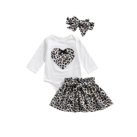 

Nokpsedcb Valentine s Day Infant Baby Girls 3Pcs Clothes Long Sleeve Heart Romper Tops+Leopard Short Skirt+Headband Leopard 3-6 Months